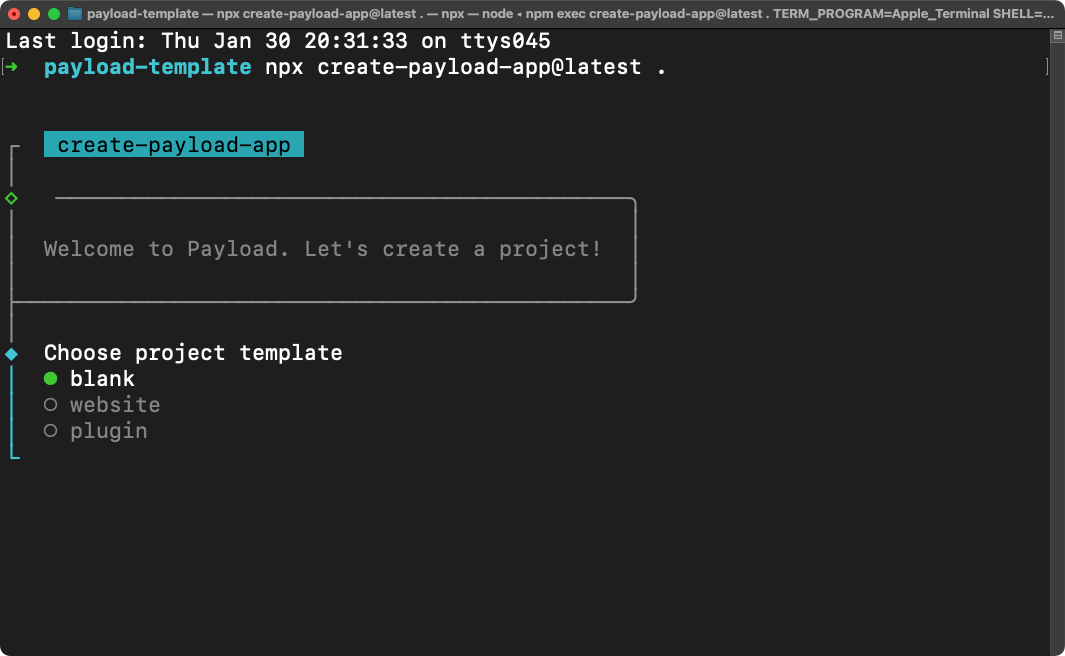 npx create-payload-app@latest .