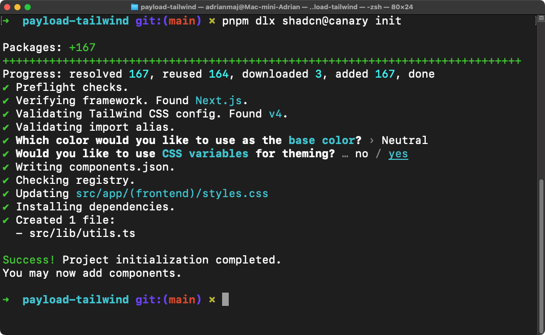 Successful shadcn/ui init